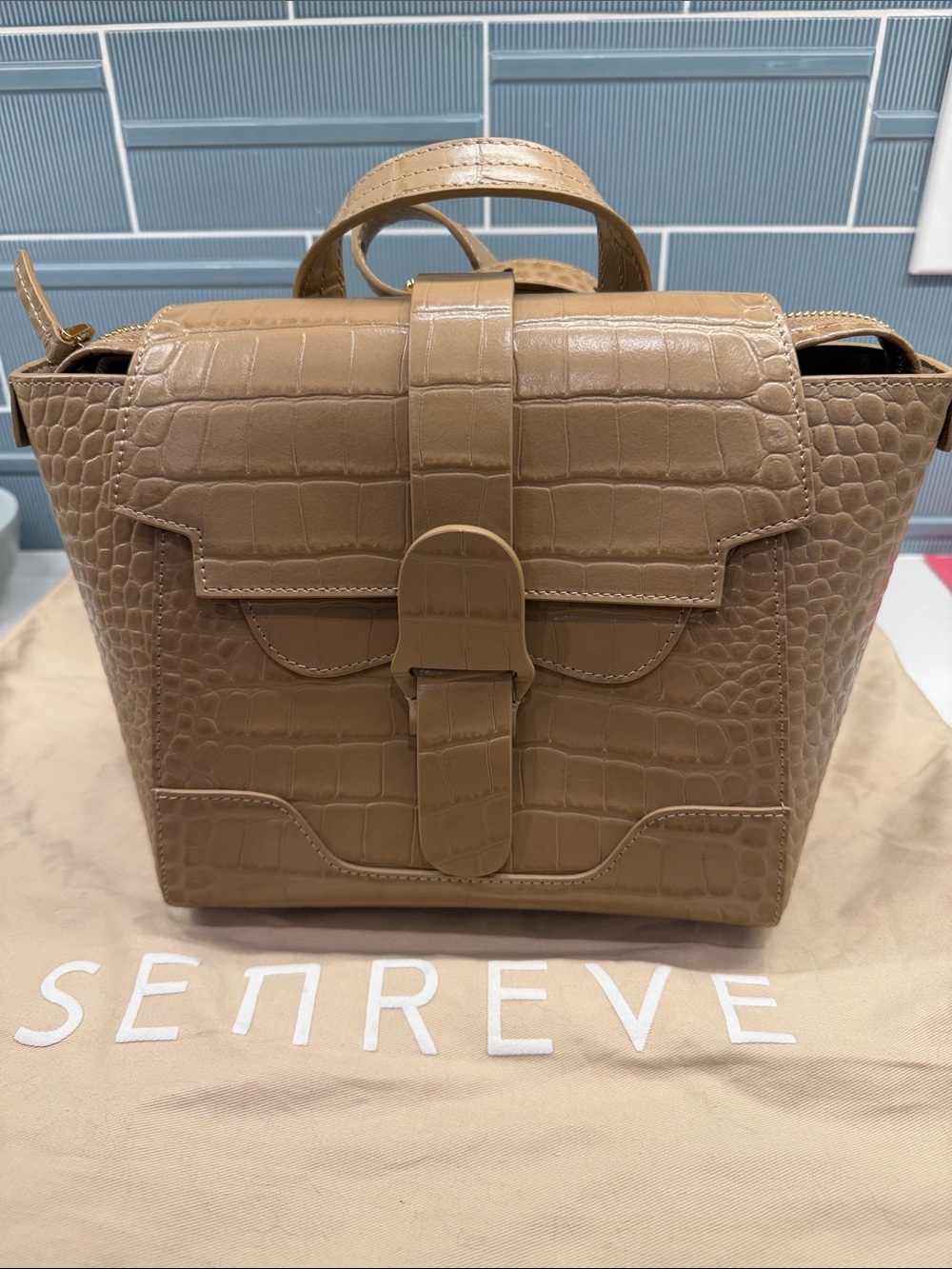 Senreve Croc-Embossed Leather Satchel in Tan